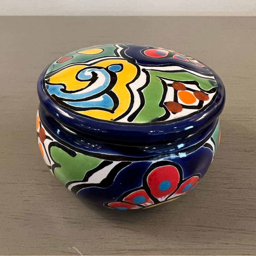 Mexican Talavera Trinket Candy Jewelry Dish Bowl w/Lid Hand Painted Pottery